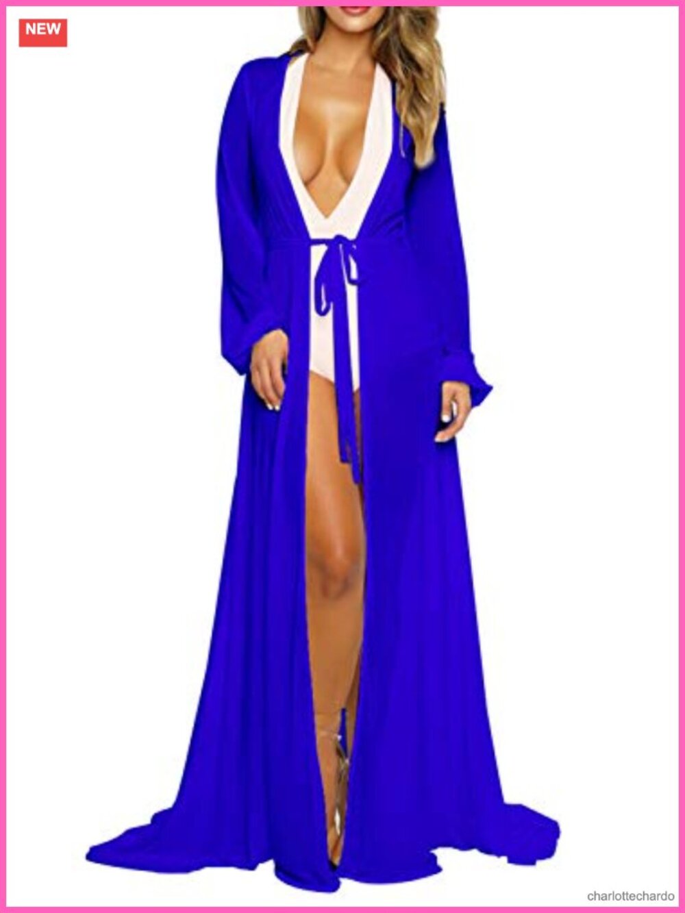 Sheer Flowy Maxi Swimsuit Cover Up Tie Front Robe Long Sleeve Beach Kimono